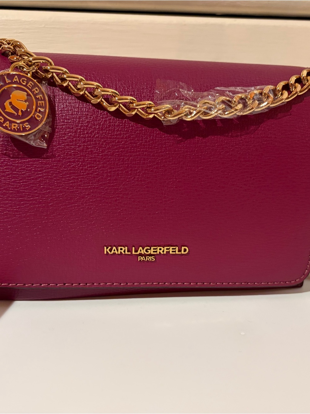 KARL LAGERFELD Wine Shoulder Bag with Gold Chain and Logo Charm
